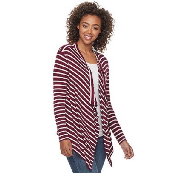 Juniors So Waterfall Open Front Cardigan Burgundy Red & White Stripes - Picture 2 of 9